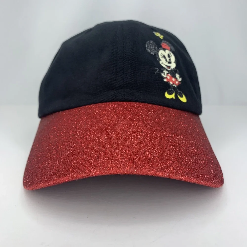 Disney Parks Minnie Mouse Youth Hat Coral Red Glitter Adjustable Ball Cap w Tag